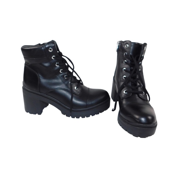 Nine West Black Combat Platform Heel Boots Size 8.5M - Picture 1 of 7